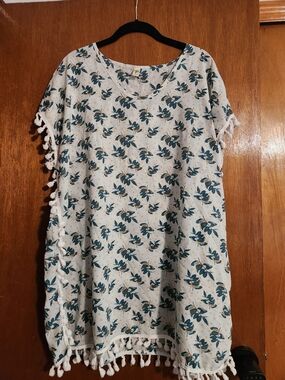 White Floral Pom-Pom Trim Swimsuit Cover Up